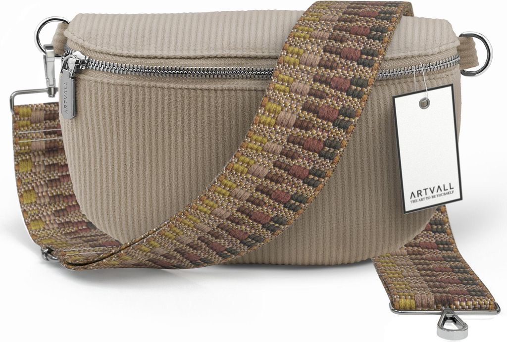 ARTVALL - Umhängetasche aus Cord, Klein mit verstellbarem Schultergurt, abnehmbares Taschenband, Crossbody Bag in Beige
