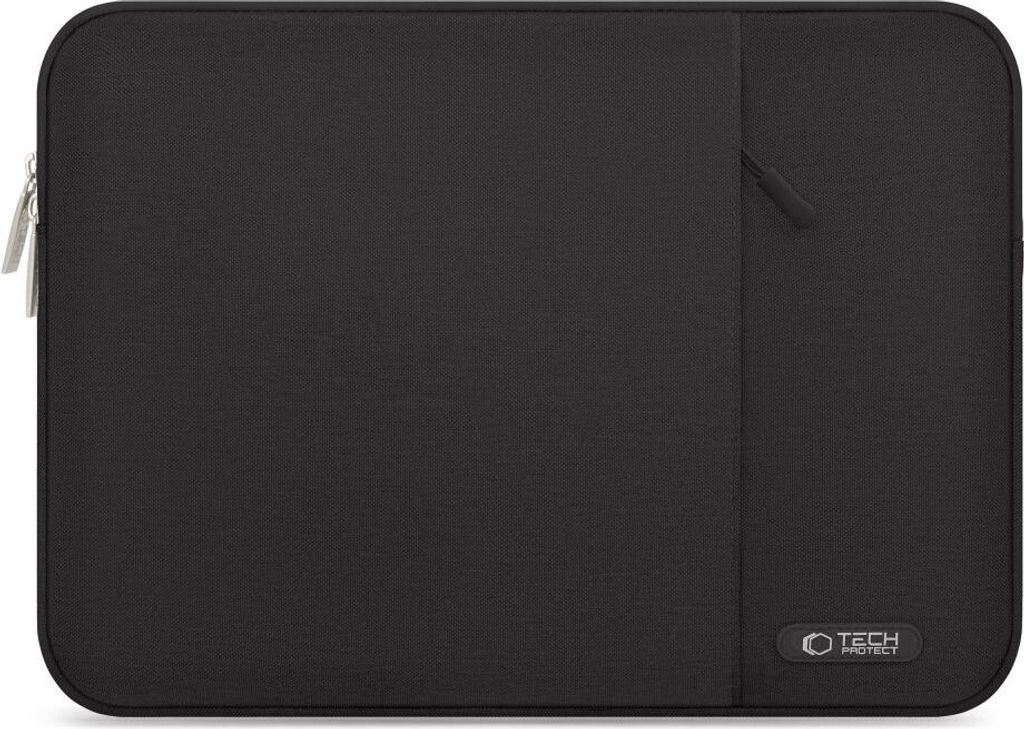 A black laptop sleeve is shown flat against a white background.