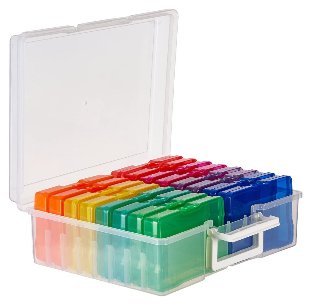 Fotoaufbewahrungsbox (38 x 30 x 13 cm, farbig) für Fotos im Format 15 x 10 cm – Fotoorganizer mit 16 Fächern und Etiketten – Aufkleber &