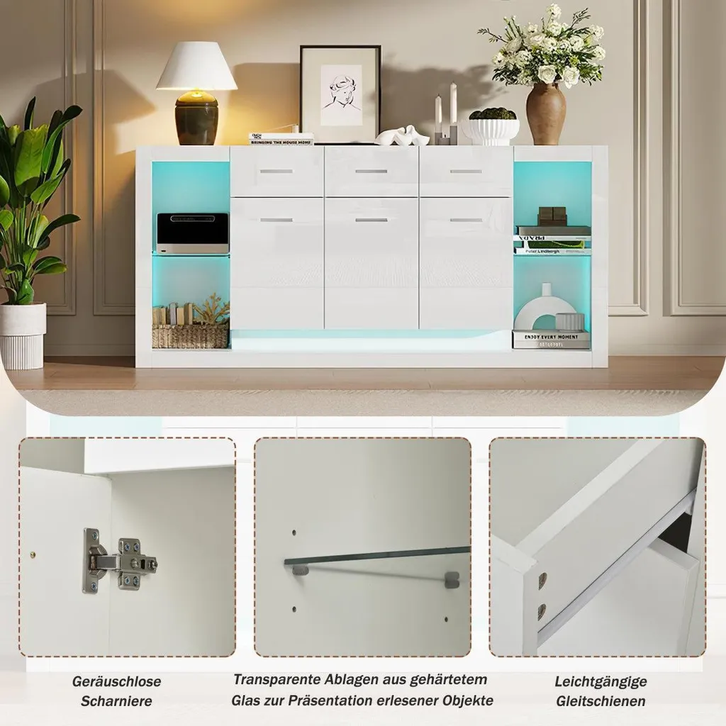Buffet bas blanc brillant 160cm avec 14 compartiments et éclairage LED - 11