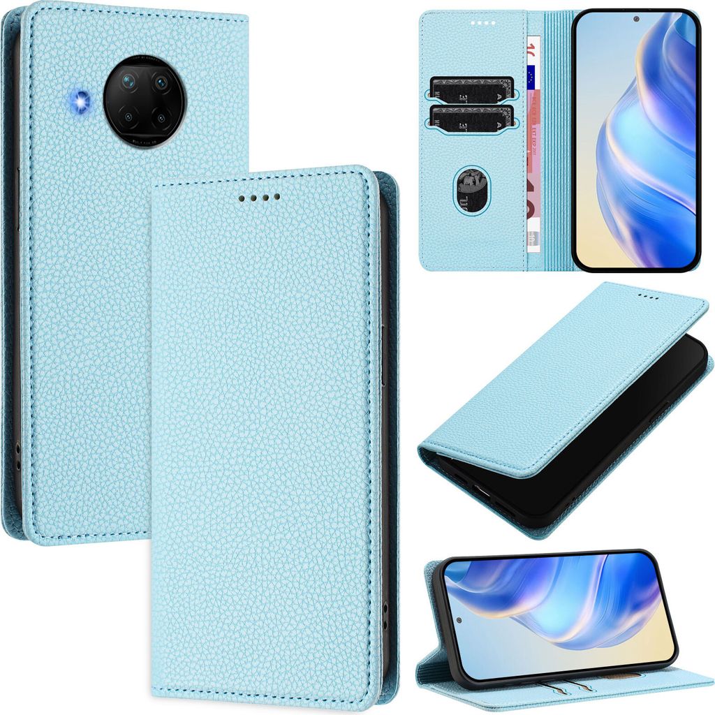 Litchi Leder Handyhülle für Xiaomi Mi 10T Lite 5G Wallet Kartenfächer Standfunktion Hülle Hellblau