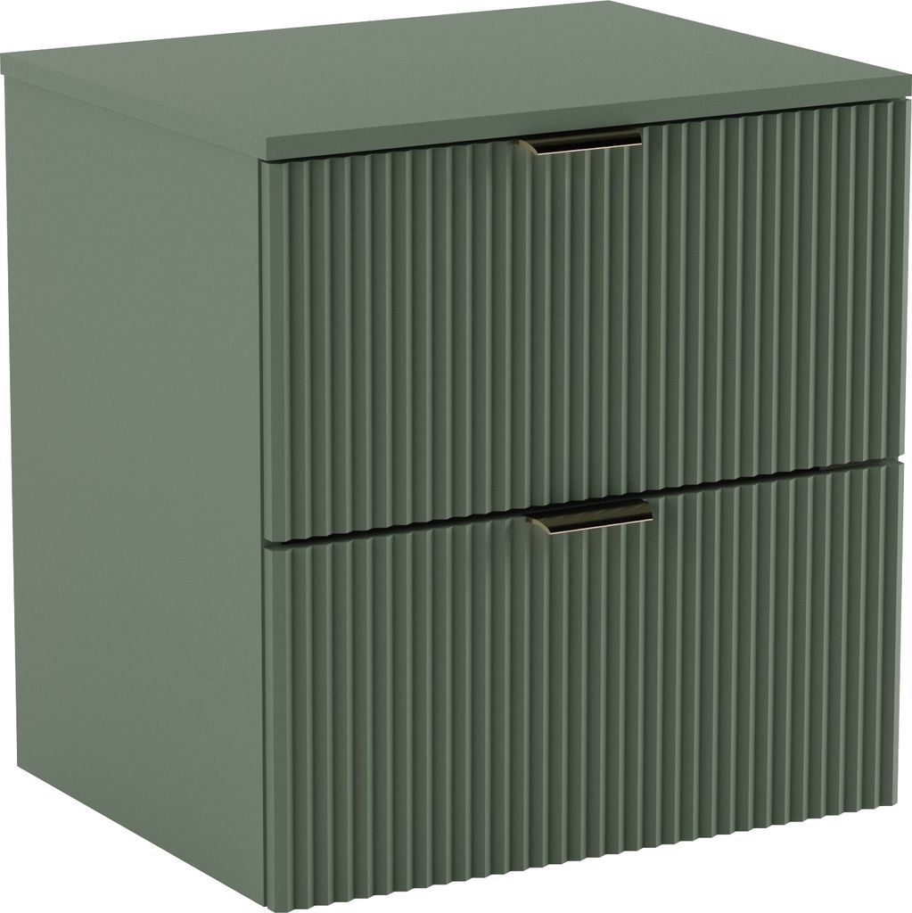 A sage green vanity cabinet with two drawers and metal handles.