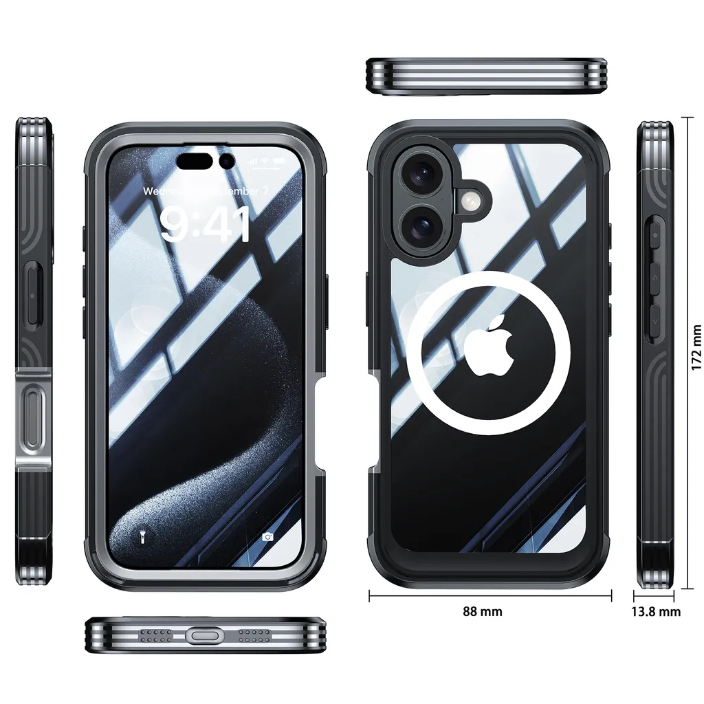 Custodia iPhone 16 Plus MagSafe Elegante: Cover 360 Trasparente Nero - 2