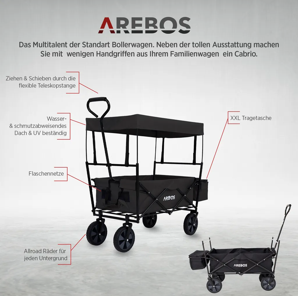 Chariot de Jardin Pliable AREBOS avec Toit et Compartiments de Rangement - 3