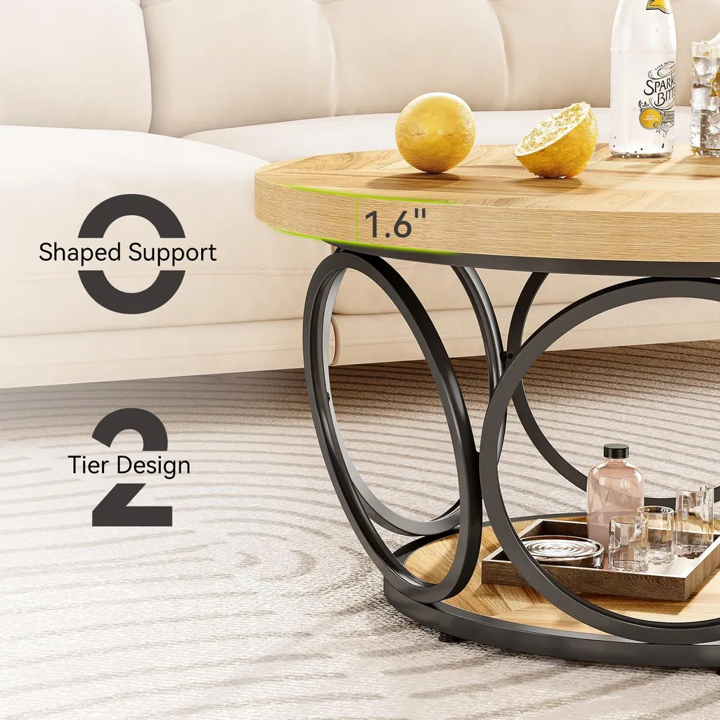 Table Basse Ronde 80 cm de Style Rustique Marron avec Double Tablette