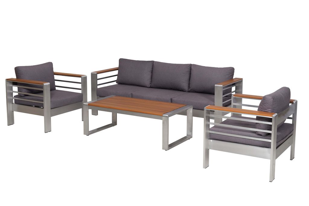 Merxx Gartenmöbel Lounge Set Nestos inkl. Kissen, 2 Sessel, 3er Bank, Tisch - Aluminium/Tischplatte-Holzoptik