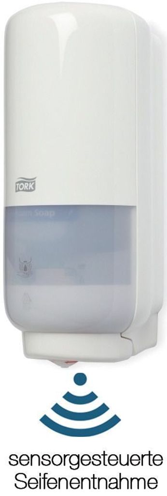 A white automatic soap dispenser with a transparent reservoir, mounted on a wall. Below the dispenser is a blue icon representing sensor waves and text in German.