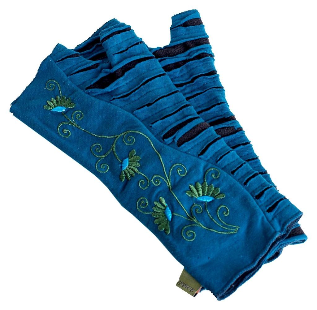 Handstulpen mit Blumenstickerei, Baumwolle außen, Fleece innen - Alternative Bekleidung
