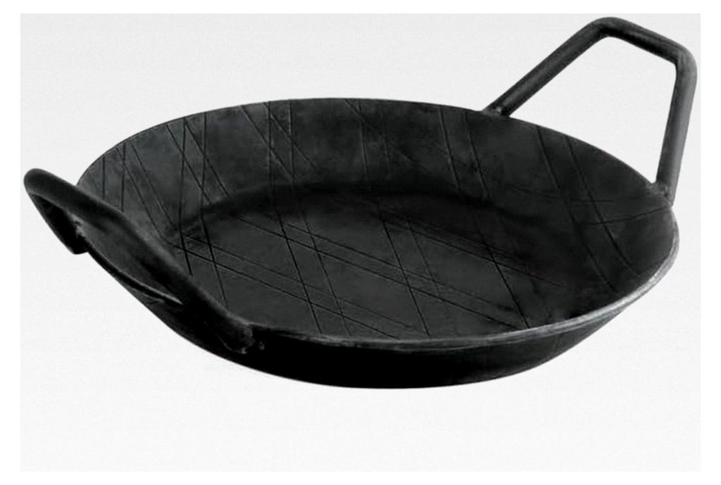 6x Brat- und Servierpfanne Ø 24 cm aus Eisen mit gebogenem Hakenstiel
