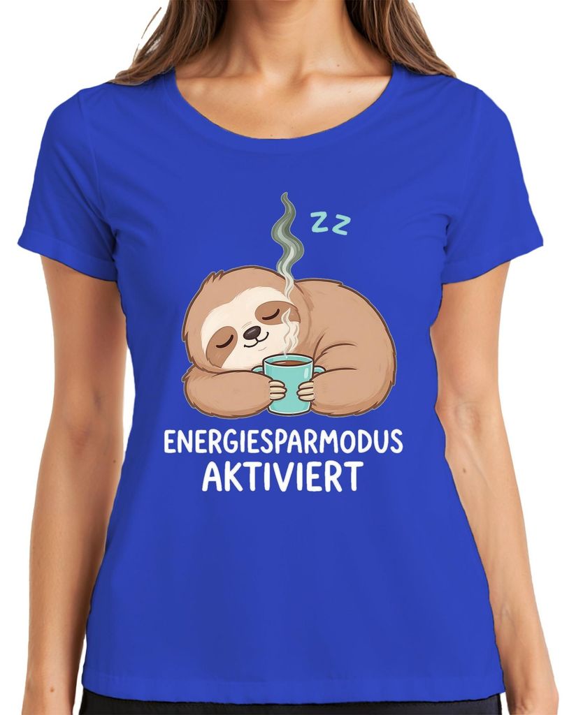 Faultier Energiesparmodus aktiviert Kaffee entspannt Geschenk Damen T-Shirt, Blau, L