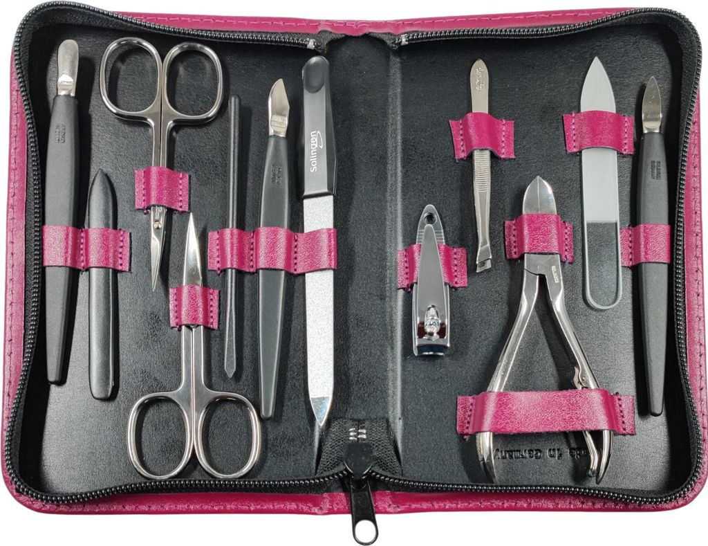 12teiliges Solingen* Maniküre Set mit Leder-Etui Nagelpflege, Magenta