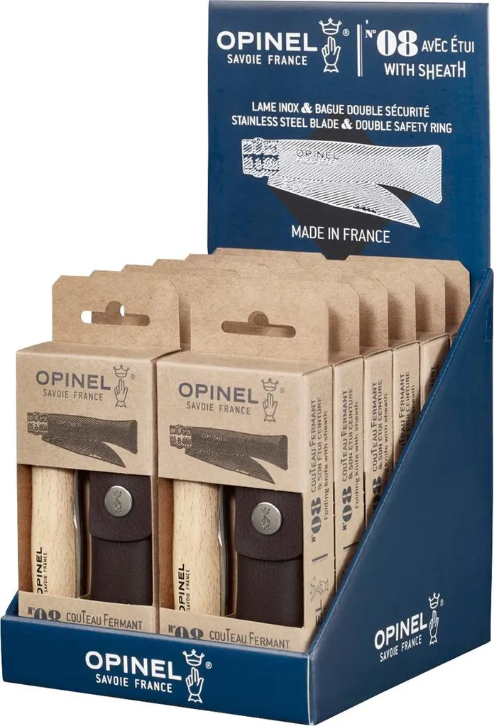 Couteaux Opinel n°08 lame inox avec étui et présentoir de comptoir