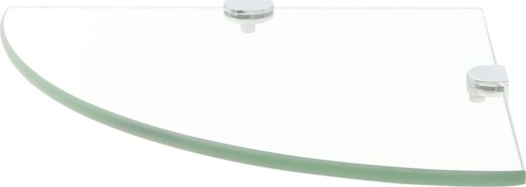 A glass corner shelf with chrome-plated brackets against a white background.