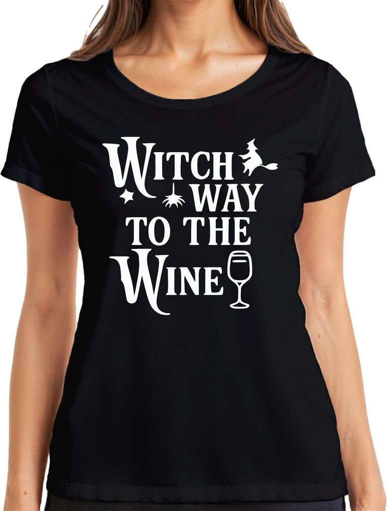 Witch way to the wine Halloween Hexen Weinglas Wein Geschenk Damen T-Shirt, Schwarz, XXL