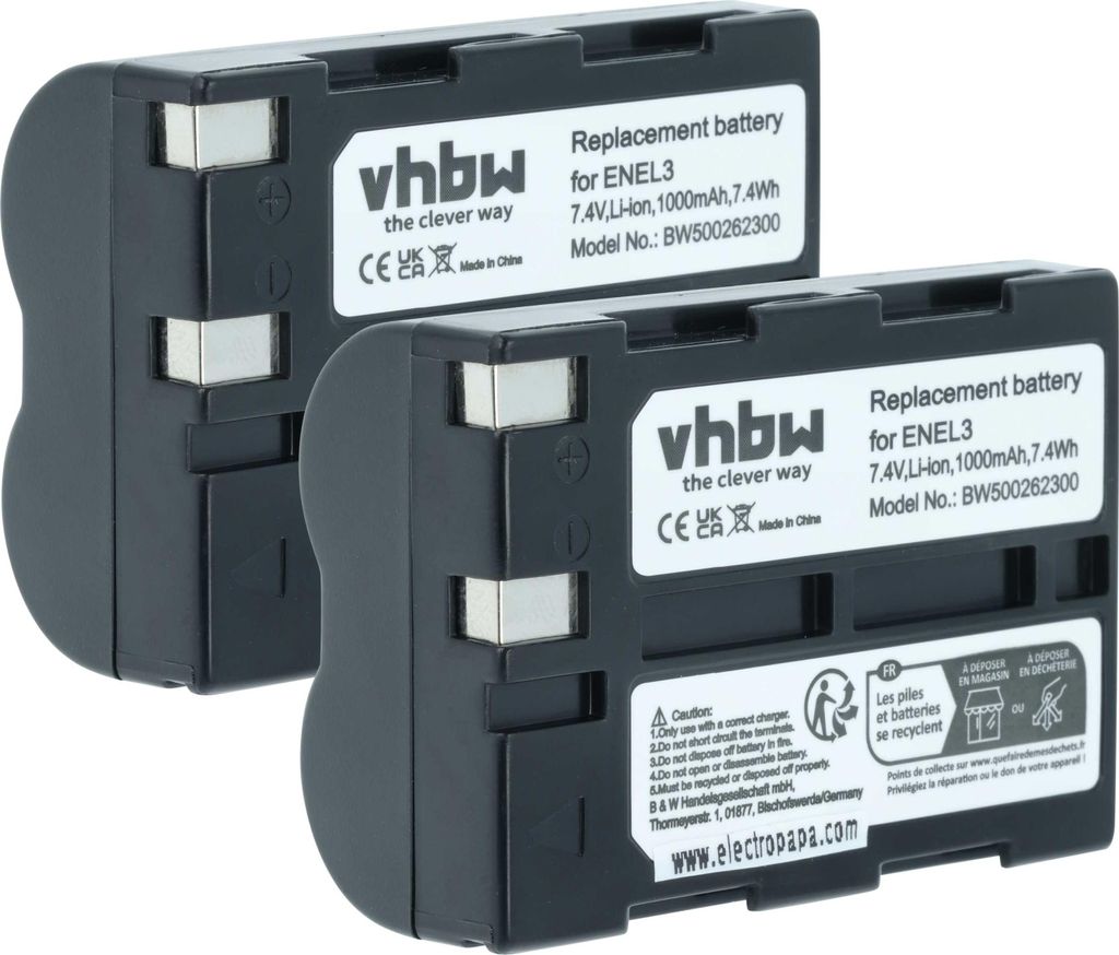 vhbw 2x Akku kompatibel mit Nikon D70, D50, D100, D70s, D100 SLR Kamera (1000 mAh, 7,2 V, Li-Ion)
