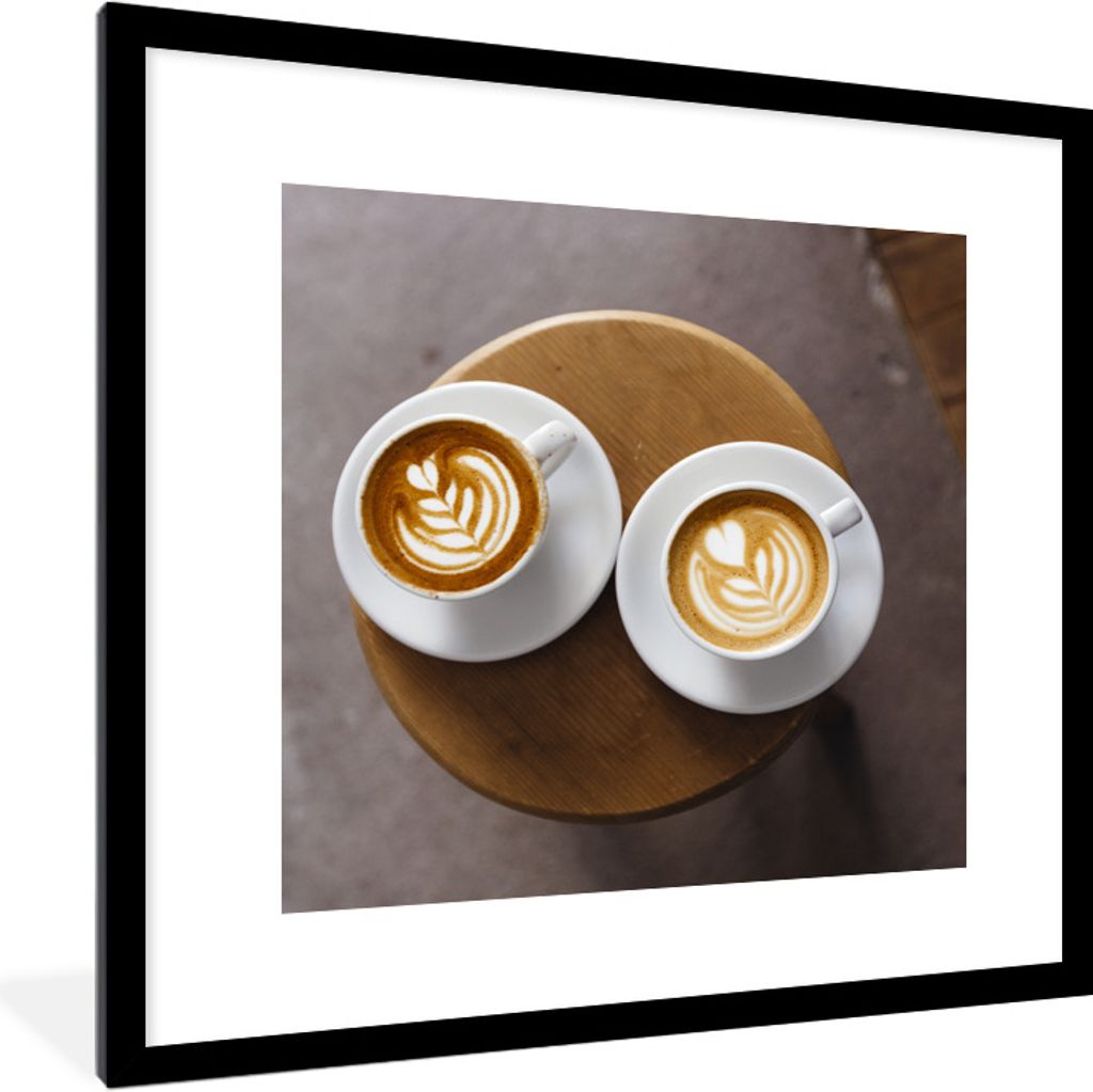 MuchoWow Gerahmtes Poster Zwei Kaffeetassen mit Latte Art werden von oben gezeigt 40x40 cm - Poster mit Schwarzem Bilderrahmen Wandposter Rahmen ...