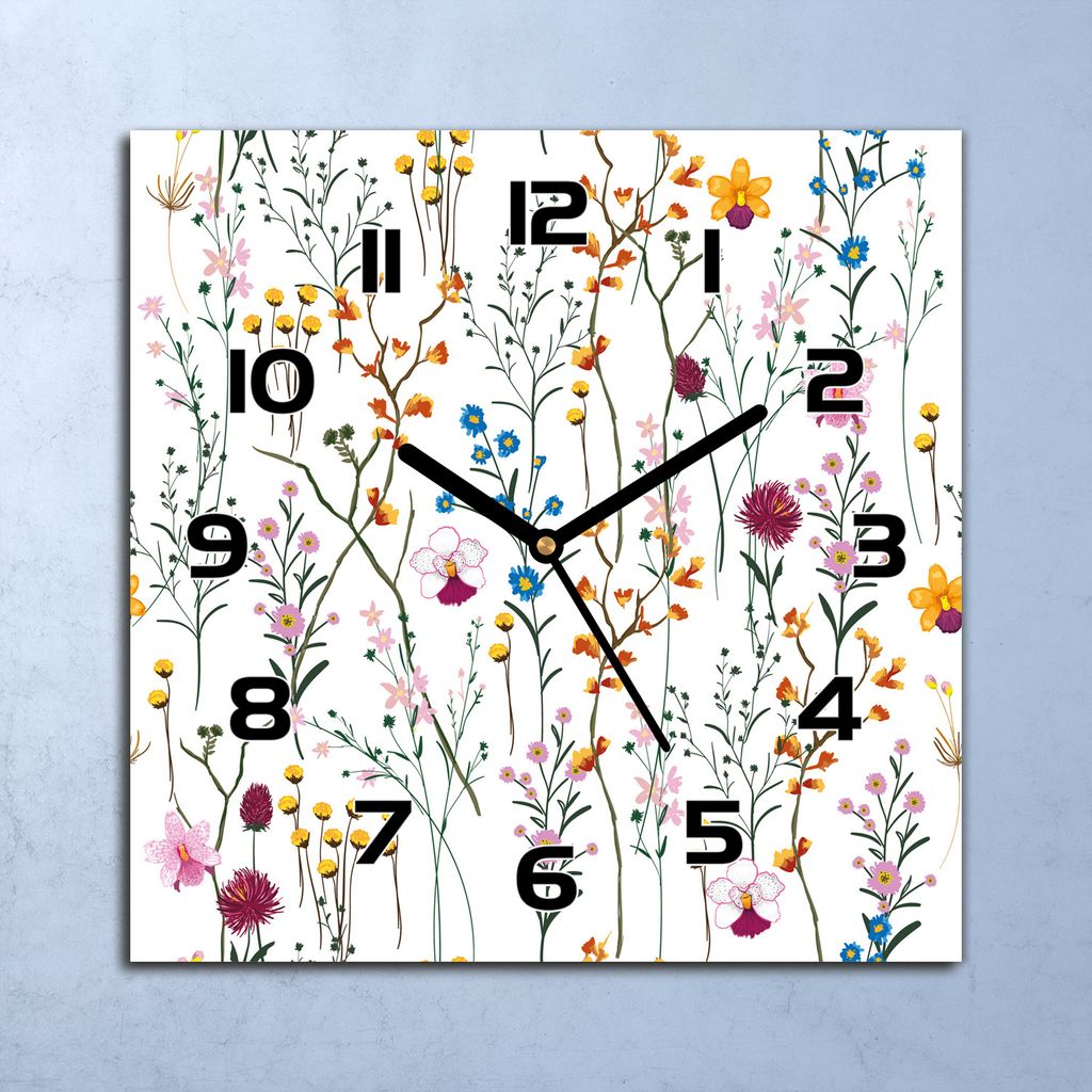 Wanduhr Echt-Glas-Küchenuhr Wildblumen Garten Quarz Lautlos 30x30 Deko Bilder