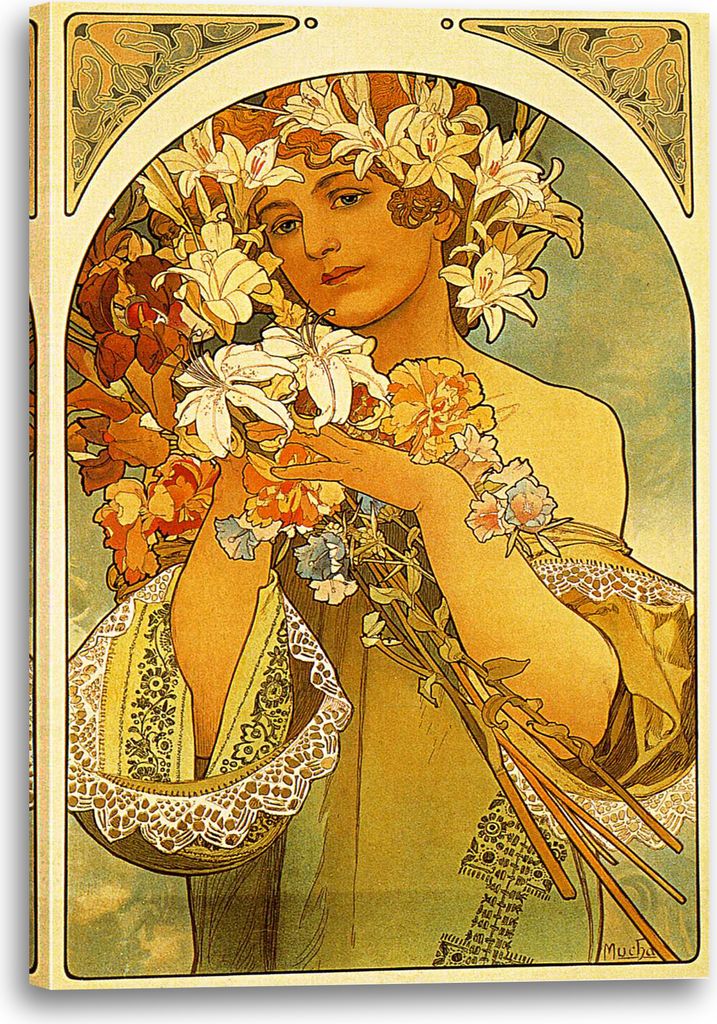 Leinwandbild (70x100cm): Alfons Mucha - Frau mit Blumen auf Kopf, echter Holz-Keilrahmen inkl. Aufhänger, handgefertigt in Deutschland