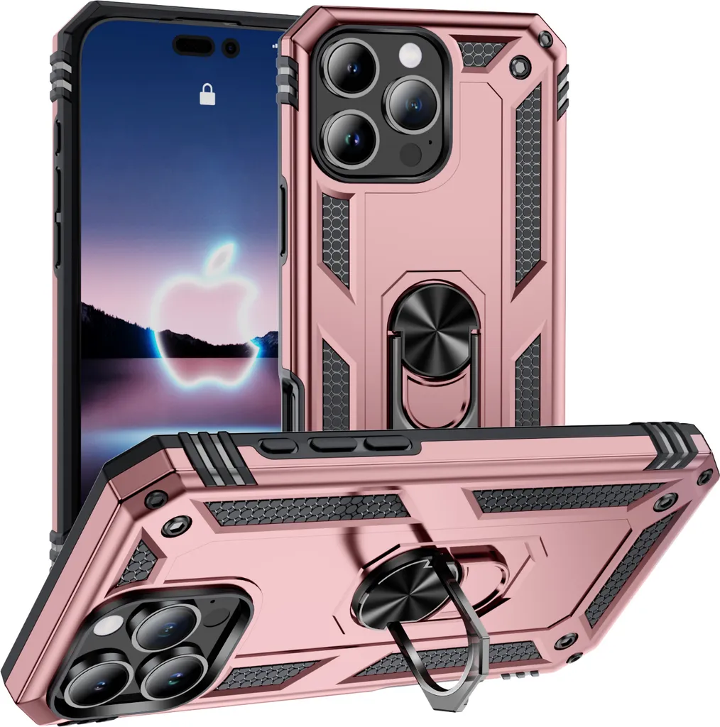 Custodia per iPhone 16 Pro Max Robusta a doppio strato, protezione militare con supporto ad anello e supporto in oro rosa