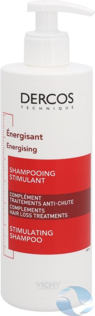 A white bottle of Vichy Dercos shampoo with red and white labeling.