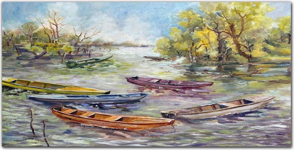 Coloray Bild aus Glas 140x70 glasblock mit bild gehärtetes Glas wohnzimmer Küche Dekoration wanddekoration - See Boote Baum Himmel