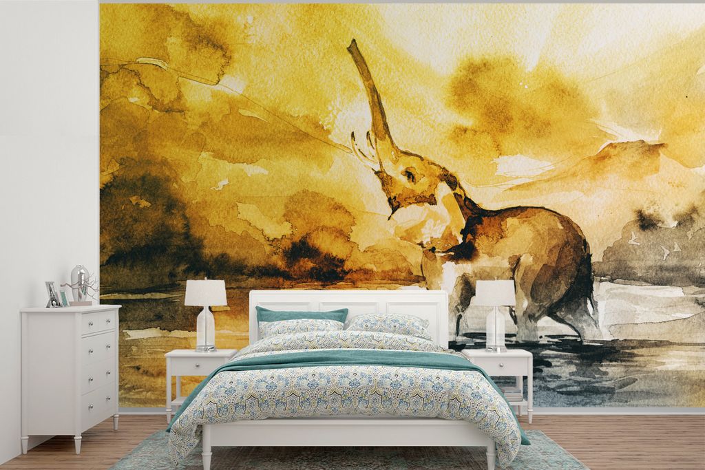 MuchoWow Fototapete für Wohnzimmer oder Schlafzimmer Wandtapete Vinyl Motivtapete Elefant - Aquarellfarbe - Wasser - 525x350 cm - Das Hintergrun...