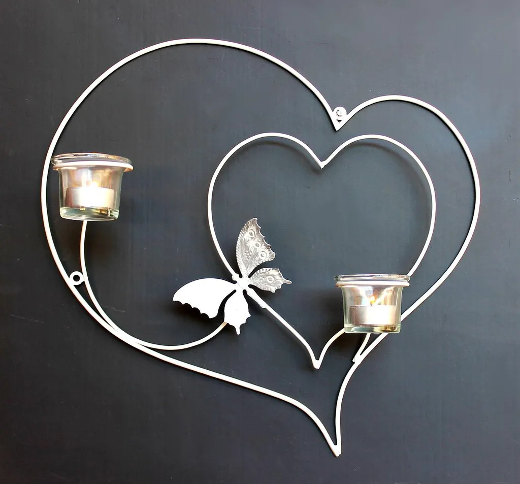 Portacandele Cuore Bianco Parete 39cm | Metallo per Arredo Shabby Chic