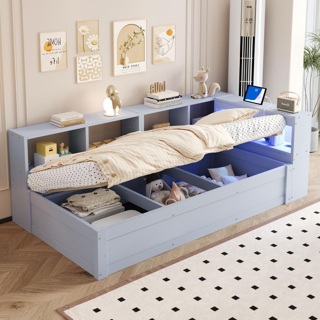 okwish Schlafsofa 90×200 mit LED und Euro-Steckdose, Kinderbett mit Staufächern und Hydraulischer Stauraum, Einzelbett in Grau, ohne Matratze