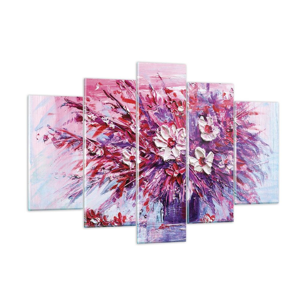 Bilder auf glas - 5 Teile - Pastos Blumen Rosa - 150x100cm - Glasbilder - Wandbilder - Bilder - zum Aufhängen bereit - Wanddekoration aus Glas - G...