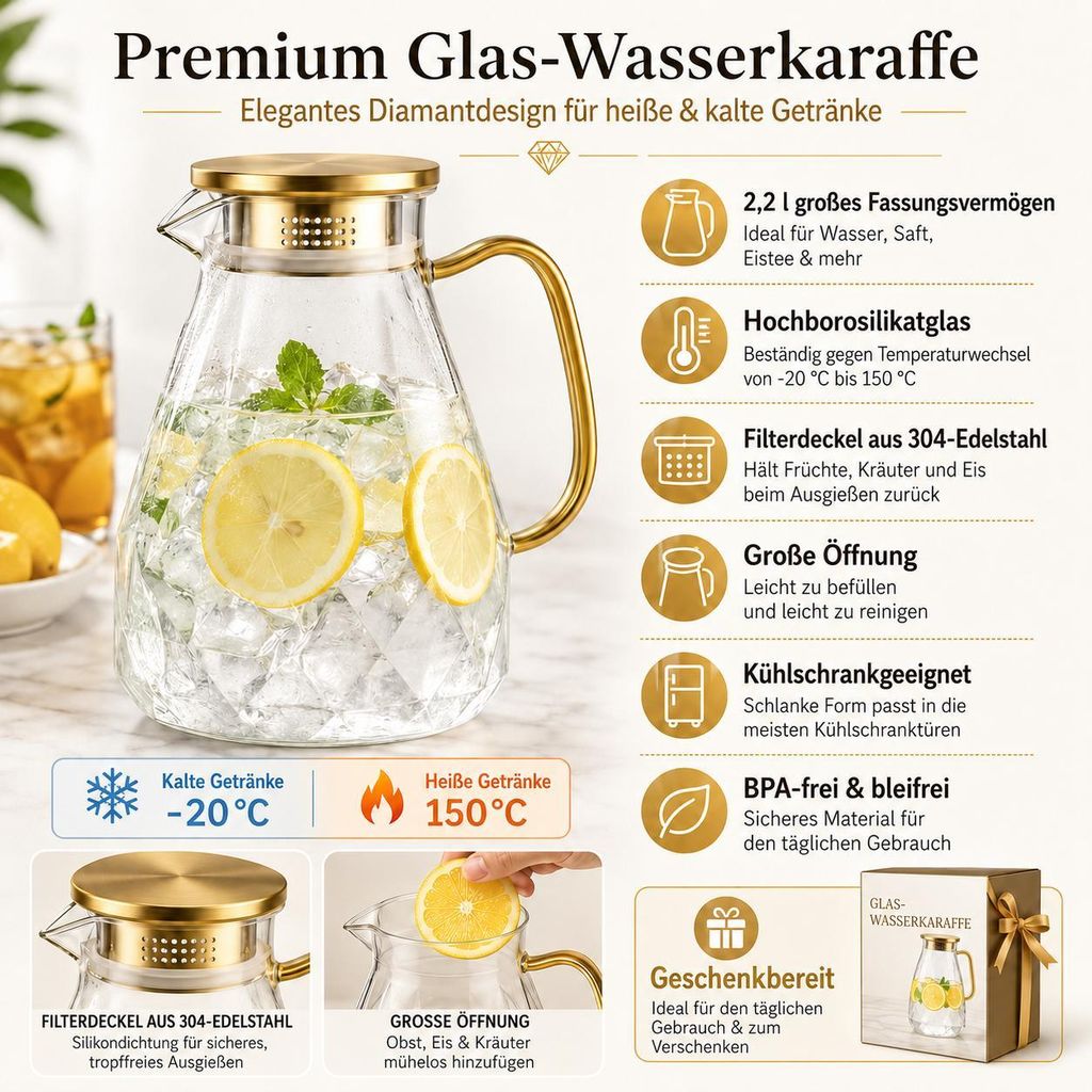 2,2 l Karaffe mit Diamantmuster aus Hochborosilikatglas
