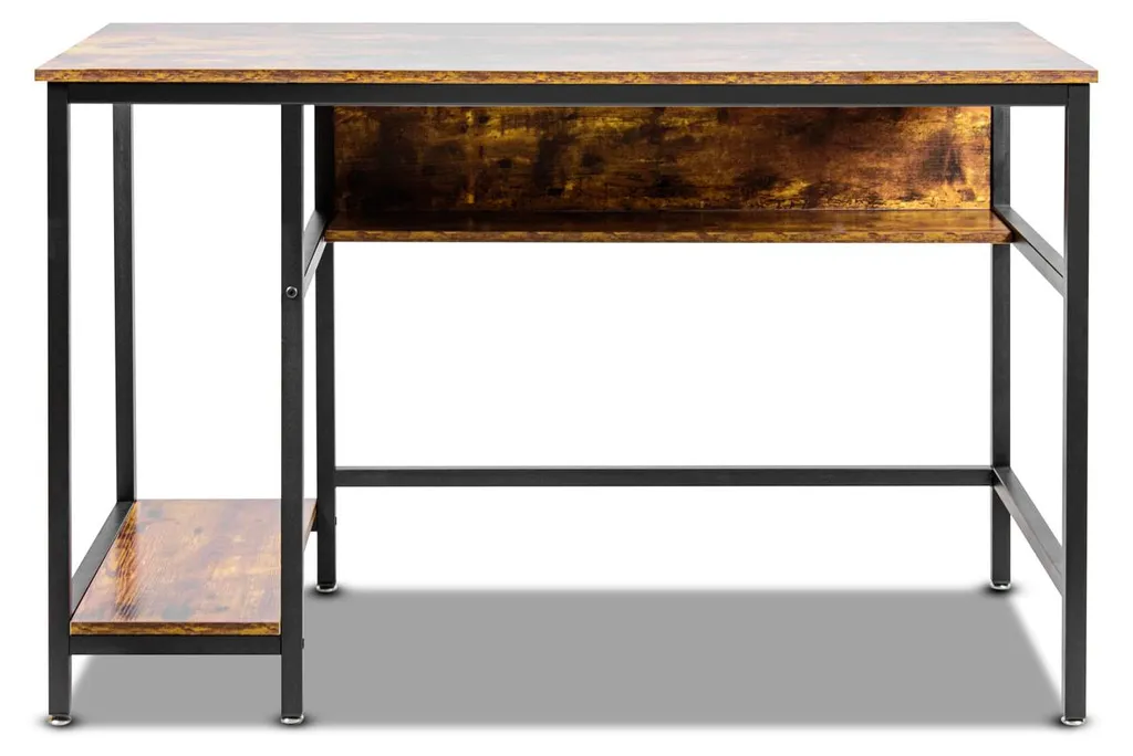 Bureau informatique industriel 120x60 cm avec étagères bois et métal noir - 2