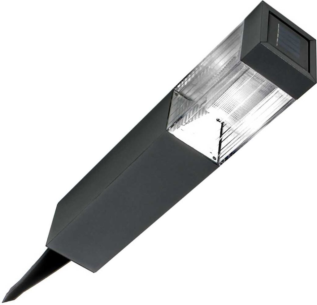 A single solar garden light with a pointed stake.