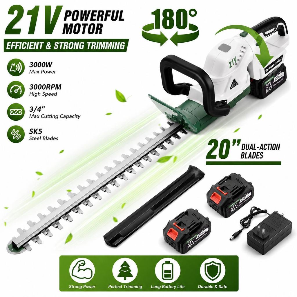 Akku-Heckenschere 21V, 2×4000mAh Akkus/8000mAh gesamt, 3000 Produktbild 