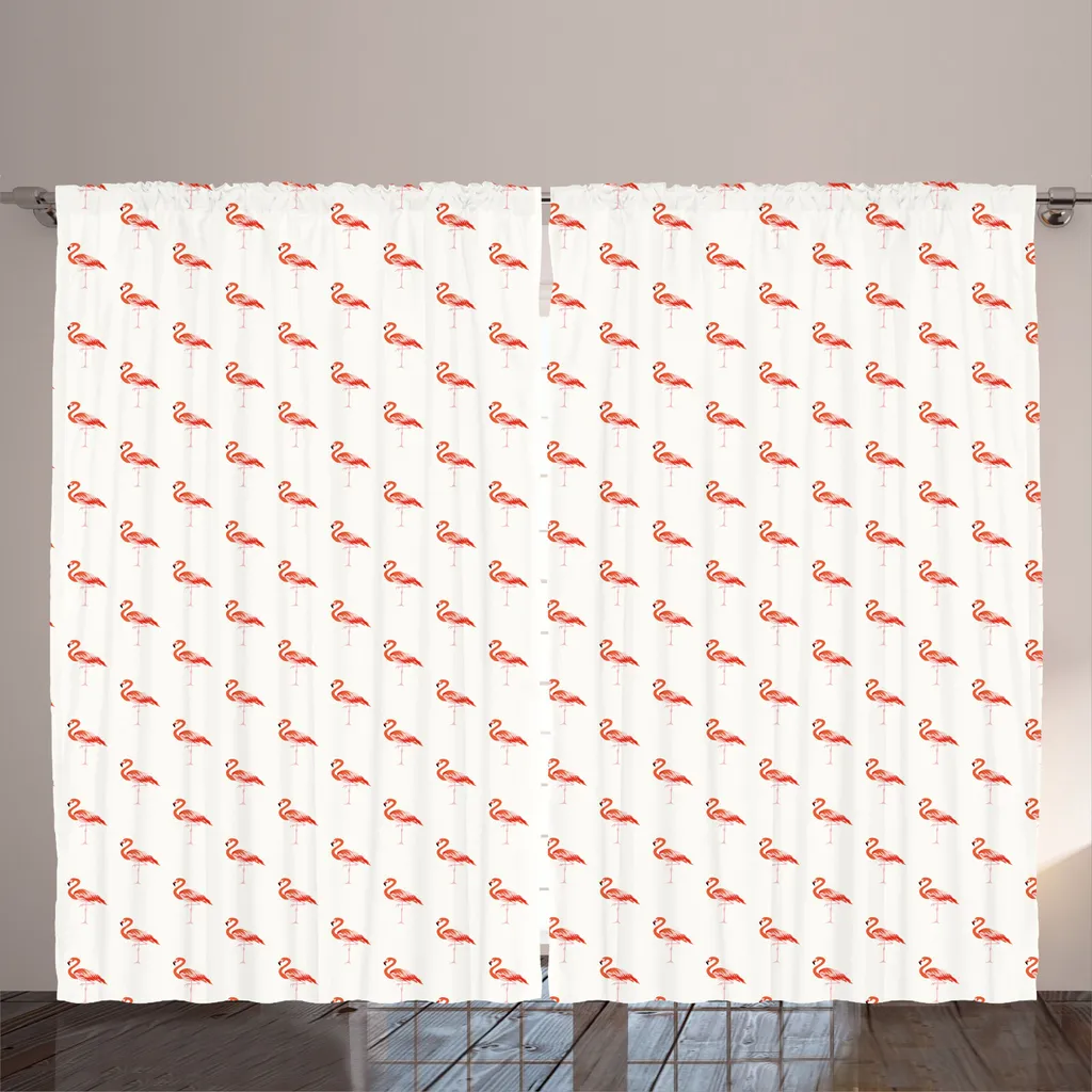 Rideau Imprimé Flamant Rose Blanc Cassé, Système Boucles et Crochets