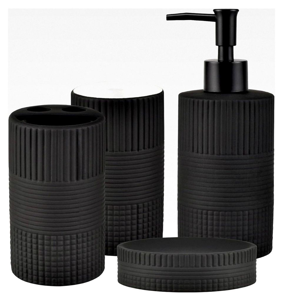 Badezimmerzubehör-Set mit matter Prägung, 4-teilig, schwarz