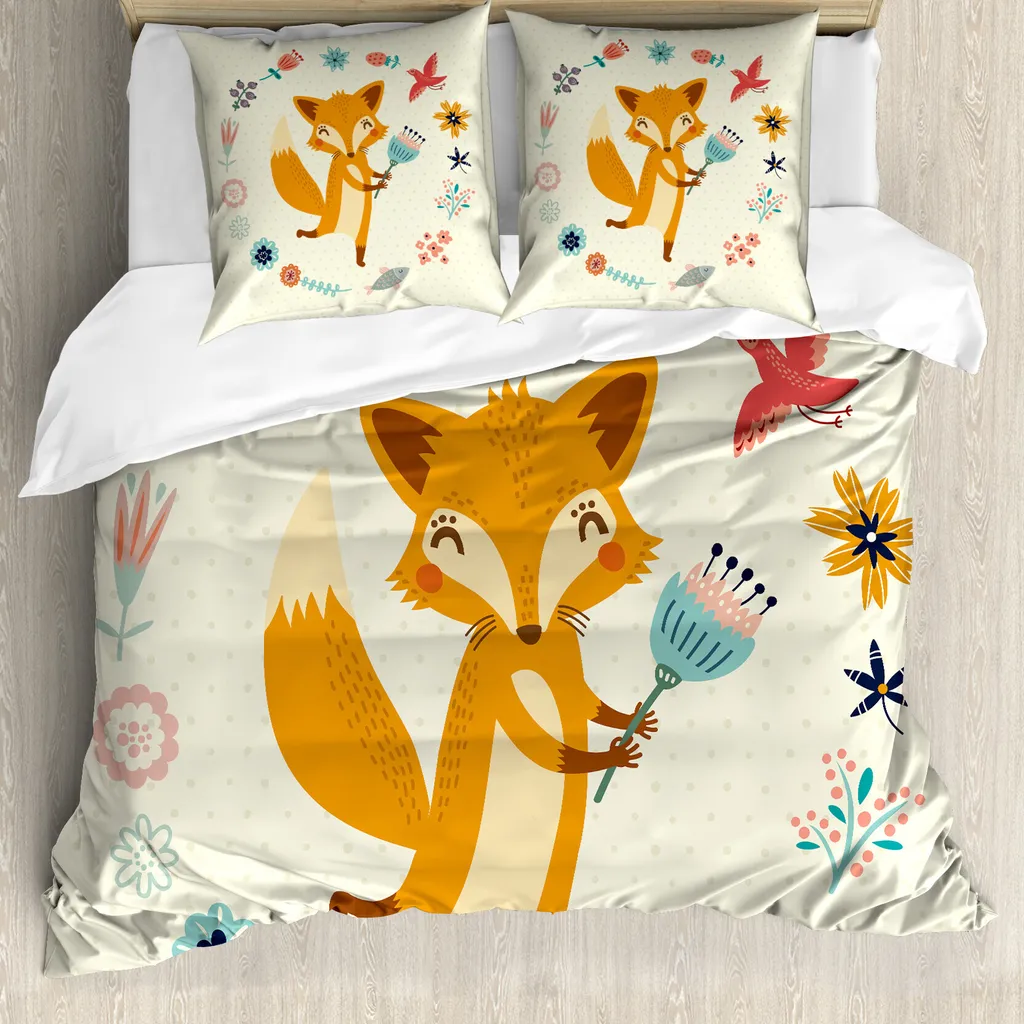 ABAKUHAUS Set copripiumino con caricatura Per letti matrimoniali, simpatico animale con fiori, antiacaro, adatto a chi soffre di allergie, con federe, verde mandorla, grigio, bianco, pesca, rosso corallo
