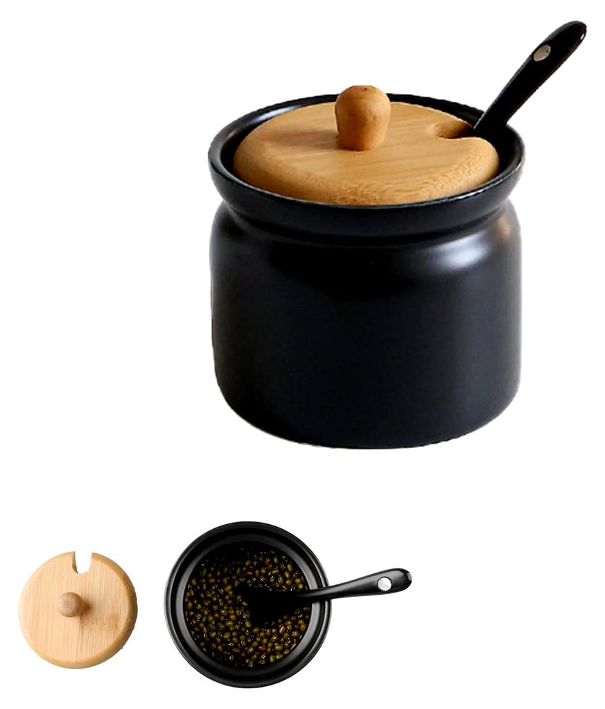 Keramik-Gewürzbehälter, Zuckerdose mit Deckel, schwarze Zuckerdose, luftdichte Kaffeedose mit kleinem Keramiklöffel für Kaffee, Zucker, Tee, Ge...
