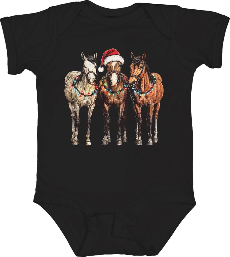 Weihnachtspferde Lichterkette Santa Hut Pferdeliebhaber Western Unisex Baby Body, Schwarz, 12/18