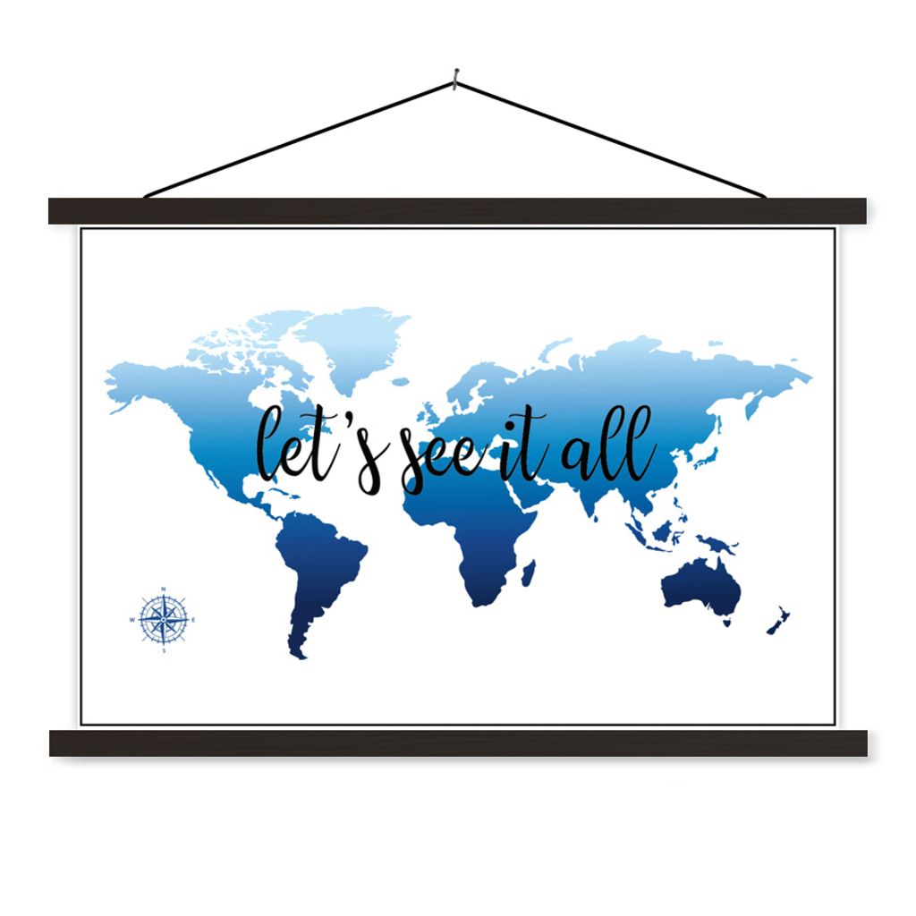 MuchoWow Textilposter Weltkarte - Blau - Kompass 120x80 cm mit schwarzem Rahmen - Wanddeko