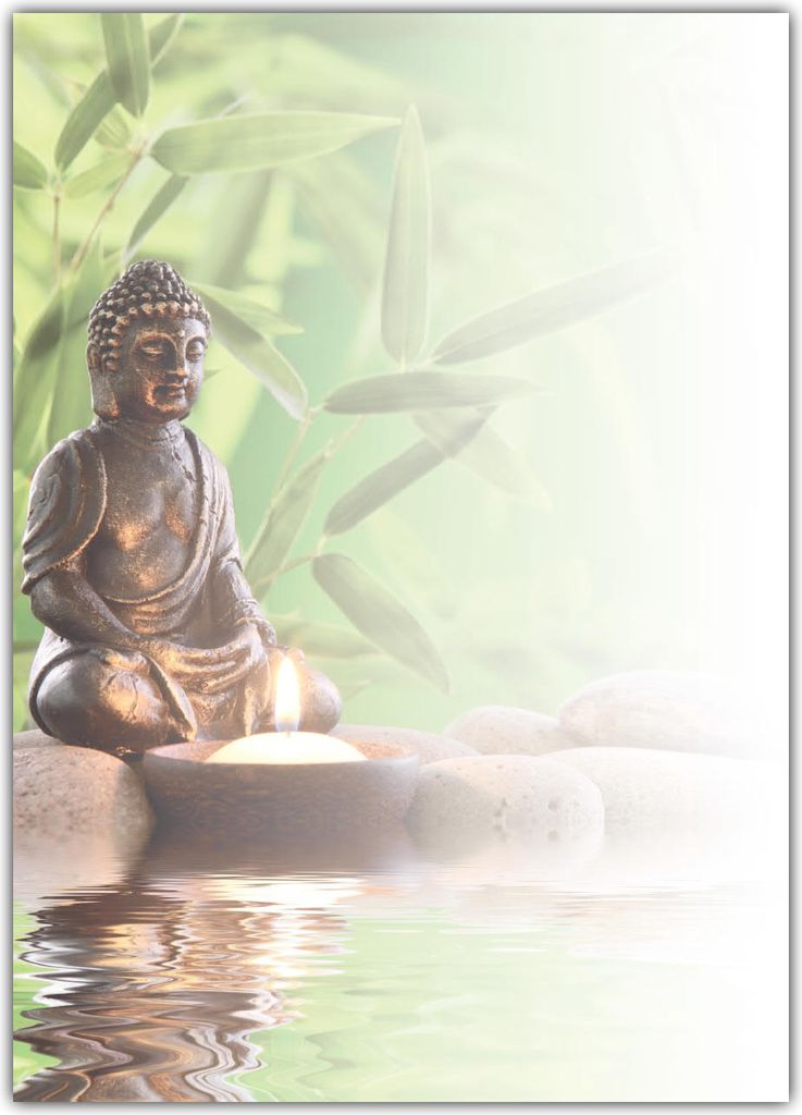 Wellness Motiv Briefpapier (MPA-5218, DIN A4, 25 Blatt) Motivpapier Feng Shui Buddha mit Bambus, Steinen und brennender Kerze am Wasser