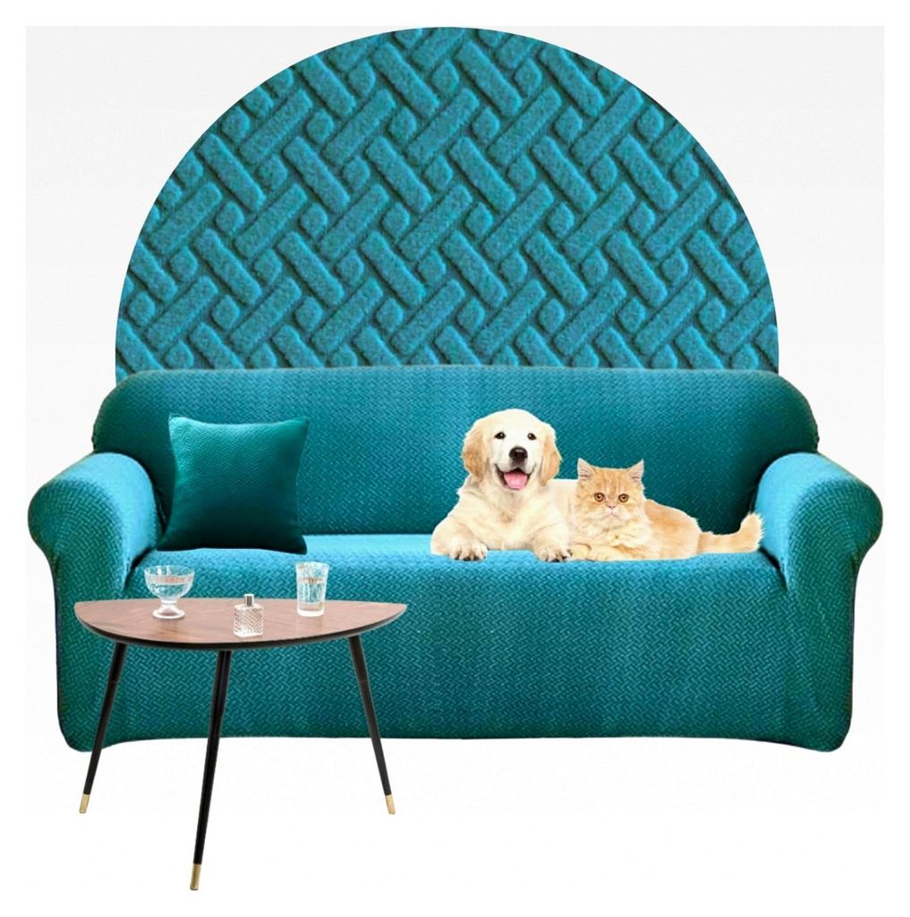 Sofaüberzug Türkis - 3-Sitzer Couch- und Sofabezug - Jacquard Fischgrät Sesselbezug Stretch - Elastischer Couchbezug - Breite 190-230 cm - 100