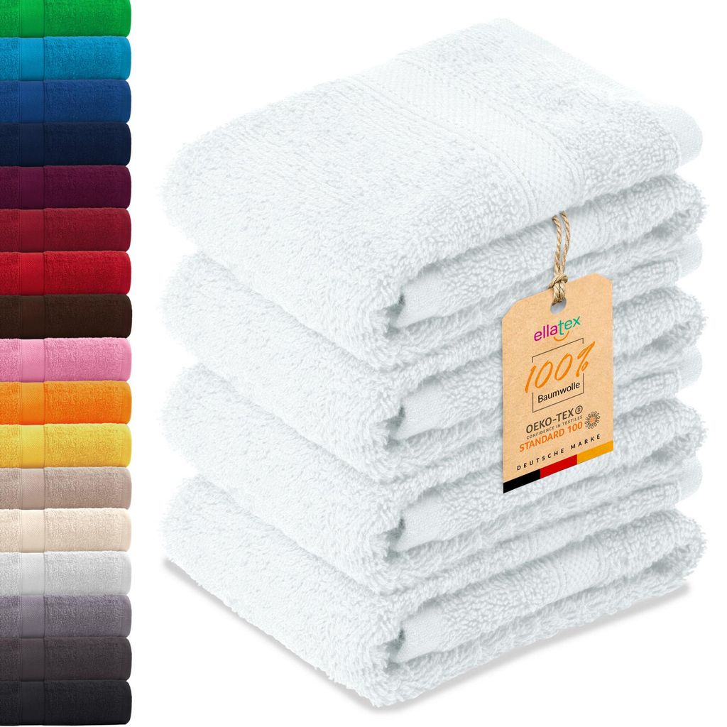 EllaTex PARIS 4er Set Gästetücher 30x50 cm – 100% Baumwolle, 500 g/m² Frottier, Vorteilspack, in Farbe: Schneeweiß