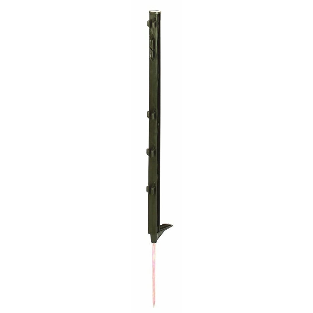 A single green plastic fence post with a metal stake at the bottom, shown against a white background.
