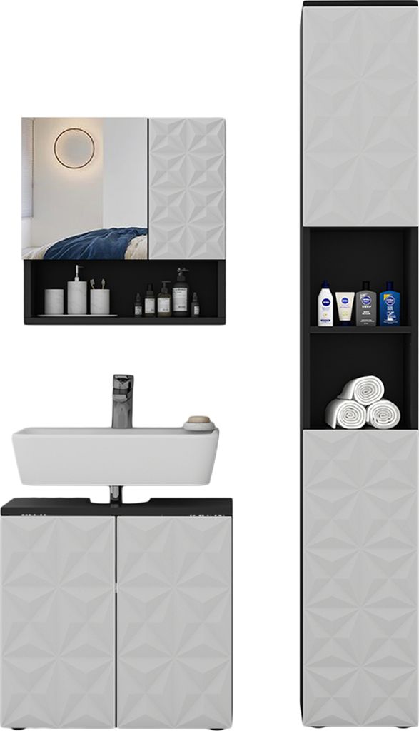 Badmöbel-Set Vicco Edge Schwarz 3 Teile, mit Hochschrank, Produktbild 