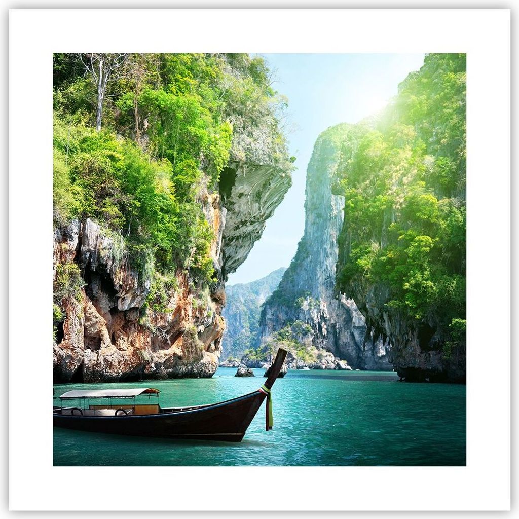 Poster - Poster ohne Rahmen - Boot Klippen Natur Felsen - 40x40 cm - Wand Bild - Wanddeko - Wandbilder - Kunstposter - Wandposter - Bilder - Kunstd...