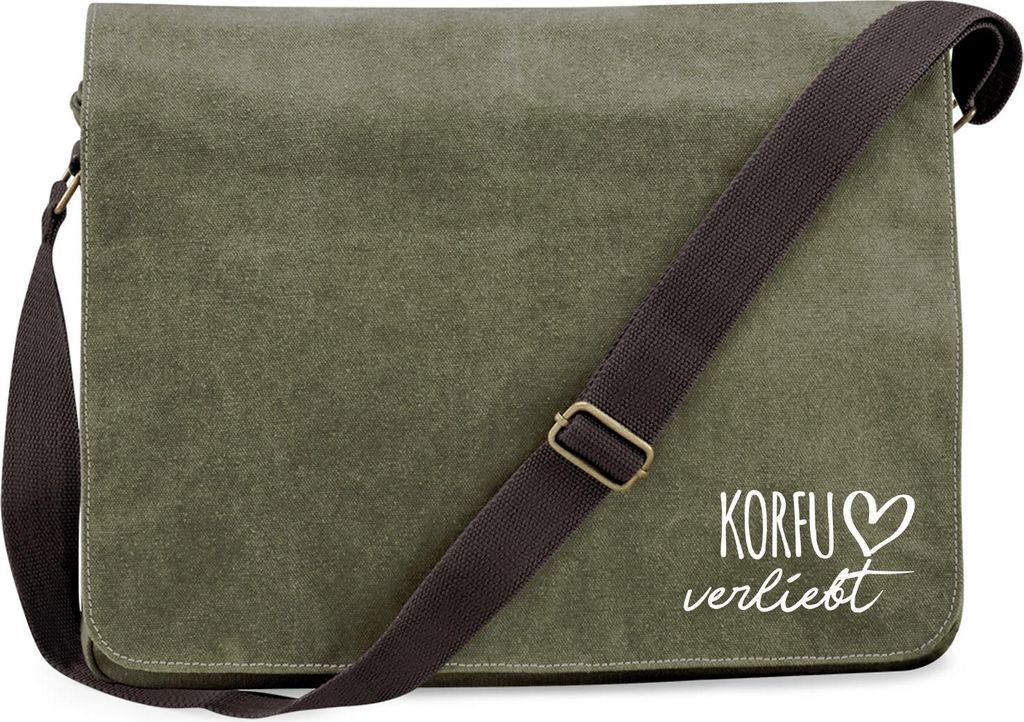 Huuraa Umhängetasche Korfu verliebt 14 Liter Military Green Canvas Laptoptasche Geschenkidee