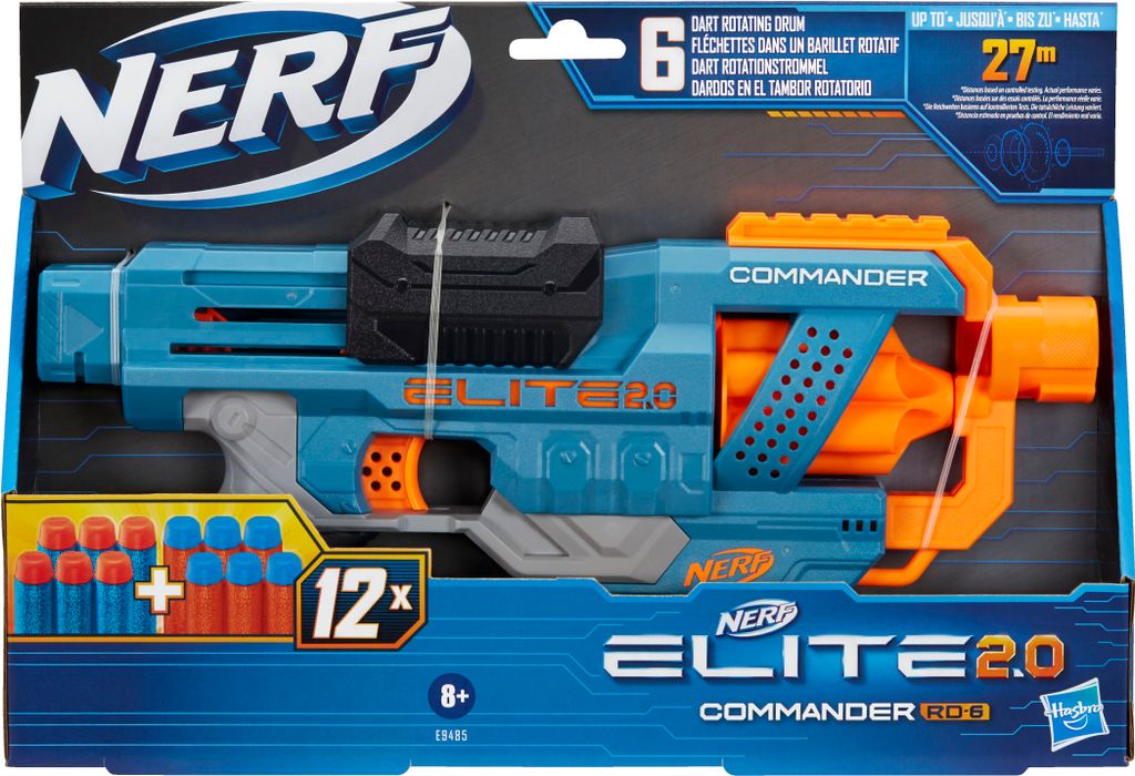 The image shows the packaging of a Nerf Elite 2.0 Commander RD-6 blaster toy.