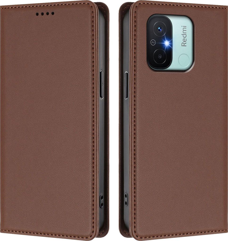 Handyhülle für Xiaomi Poco C55/Redmi 11A/12C, Kunstleder Klapphülle Stoßfeste Magnetische Hülle mit Ständer Braun