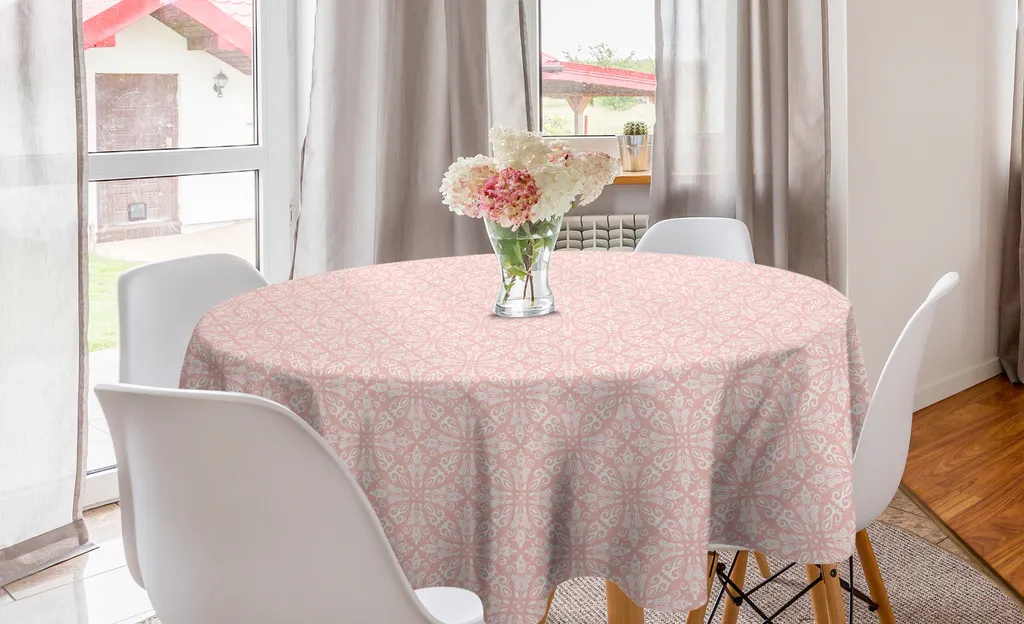 ABAKUHAUS Tovaglia rotonda in damasco, mandala ispirato all'arte floreale, tovaglia circolare per sala da pranzo, decorazione per cucina, 150 cm, rosa cipria e bianco