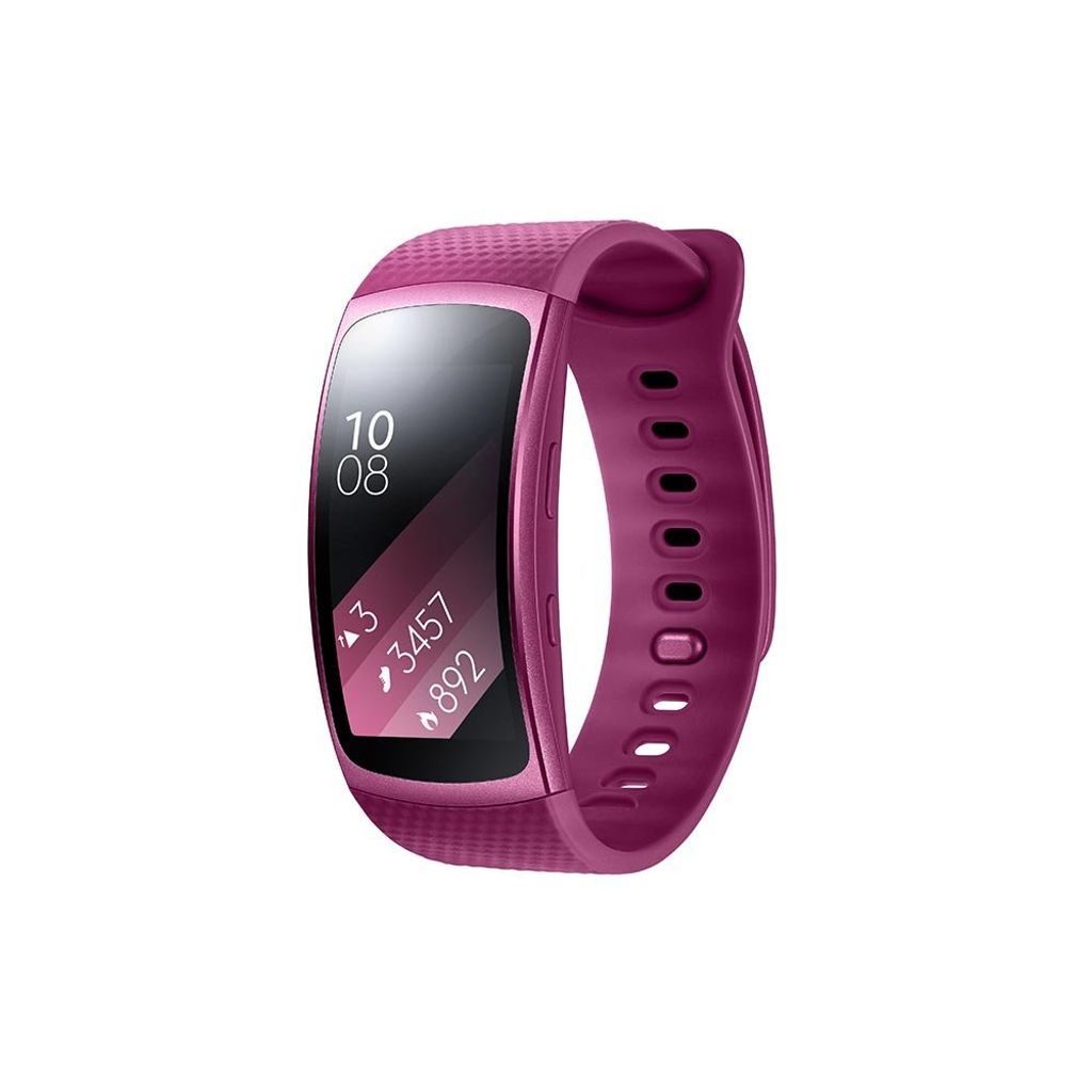 A pink Samsung Gear Fit 2 smartwatch is shown against a white background.